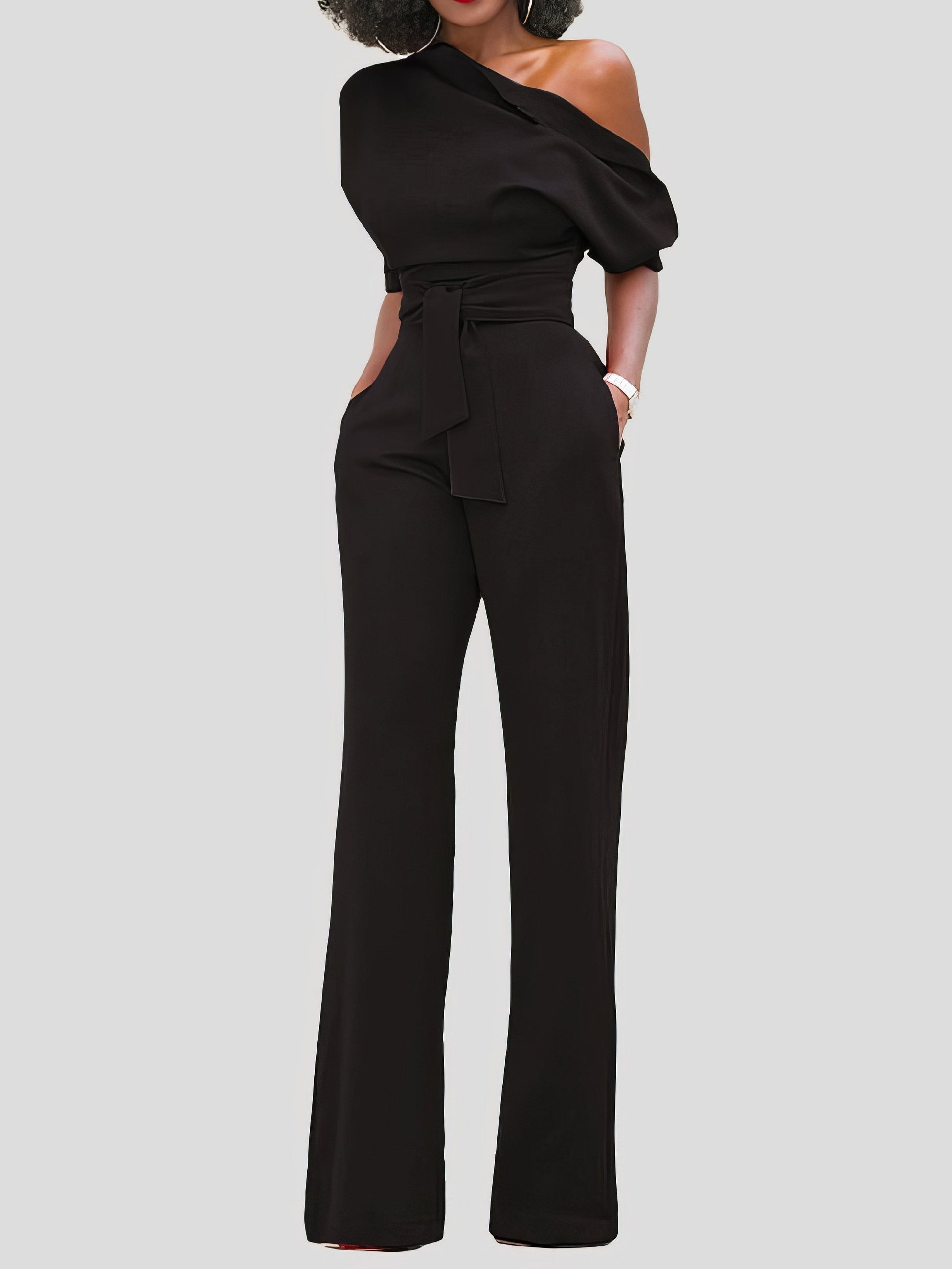Solid Color One Shoulder Short Sleeve Jumpsuit - LuckyFash™