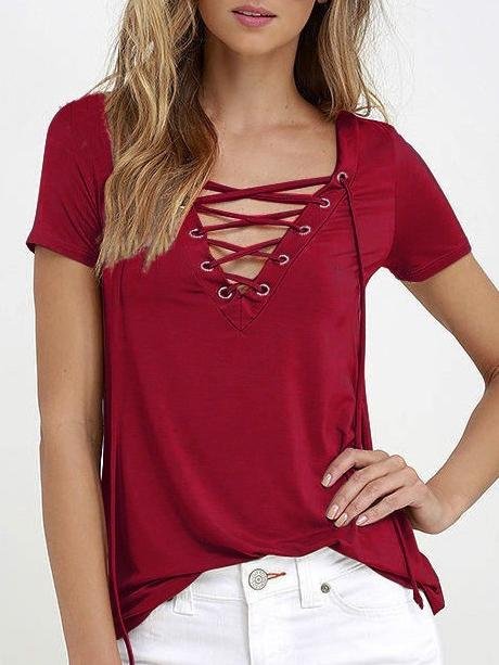 Solid Deep V Drawstring Short Sleeve T-shirt - LuckyFash™