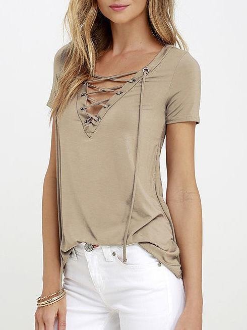 Solid Deep V Drawstring Short Sleeve T-shirt - LuckyFash™