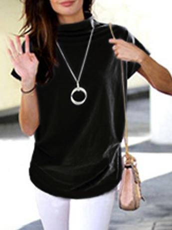 Solid High Neck Short-sleeved T-shirt - LuckyFash™