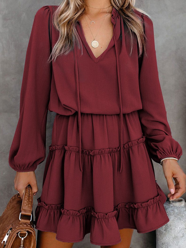 Solid High Waist Long Sleeve Pullover Dress - LuckyFash™