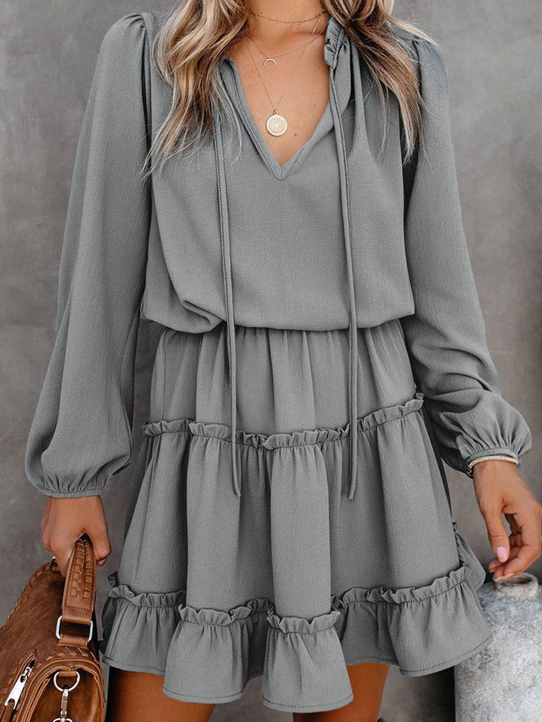 Solid High Waist Long Sleeve Pullover Dress - LuckyFash™