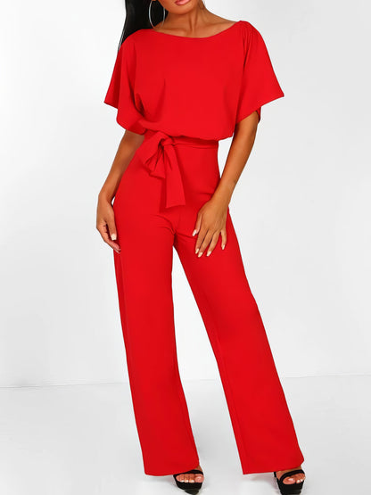 Solid Lace-up Short-sleeved Jumpsuit - LuckyFash™