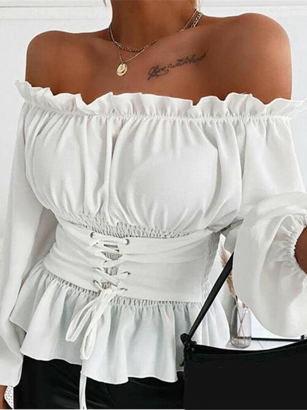 Solid Long-sleeved Off-shoulder Ruffled Shirt - LuckyFash™