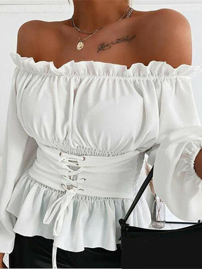 Solid Long-sleeved Off-shoulder Ruffled Shirt - LuckyFash™
