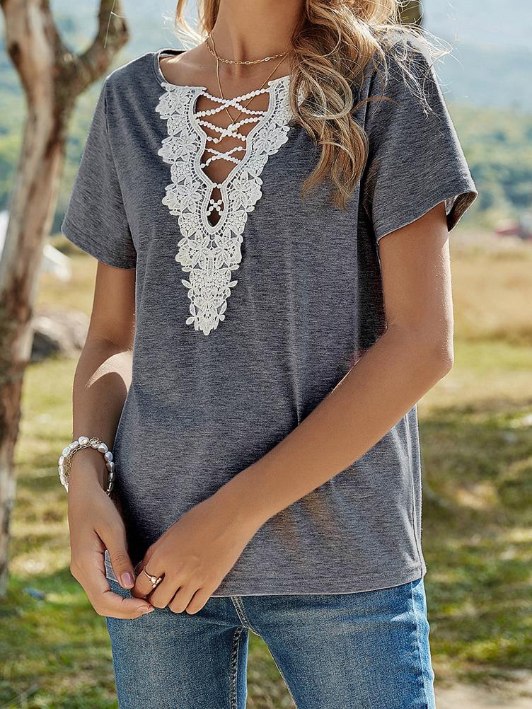 Solid Loose Lace V-Neck Short Sleeve T-Shirt - LuckyFash™