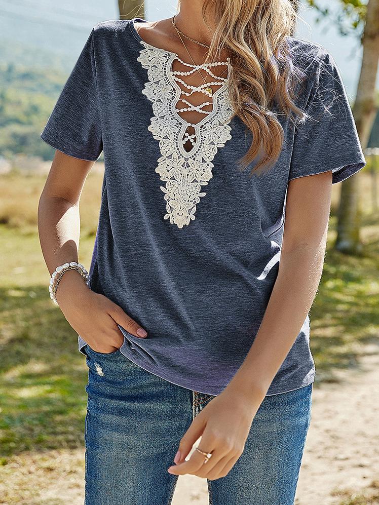 Solid Loose Lace V-Neck Short Sleeve T-Shirt - LuckyFash™