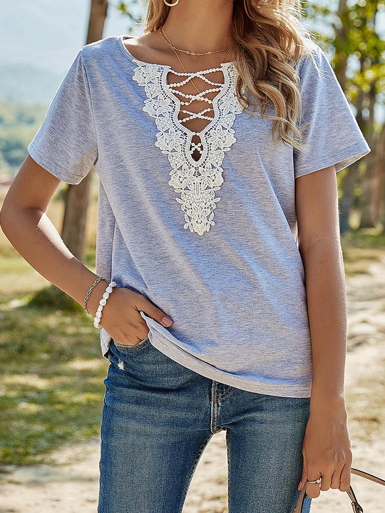 Solid Loose Lace V-Neck Short Sleeve T-Shirt - LuckyFash™