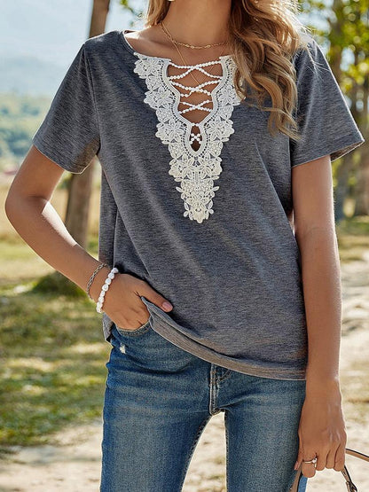 Solid Loose Lace V-Neck Short Sleeve T-Shirt - LuckyFash™