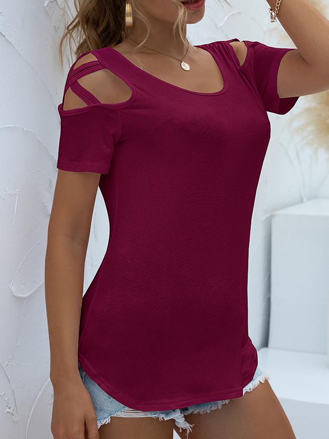 Solid Round Neck Short Sleeve Off-shoulder T-shirt - LuckyFash™