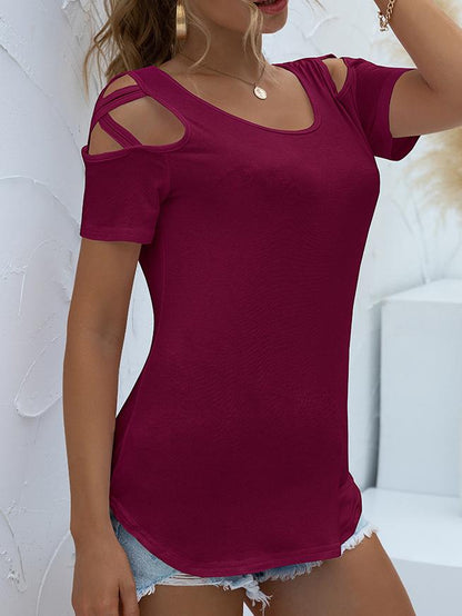 Solid Round Neck Short Sleeve Off-shoulder T-shirt - LuckyFash™