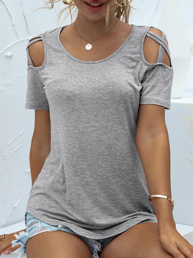 Solid Round Neck Short Sleeve Off-shoulder T-shirt - LuckyFash™