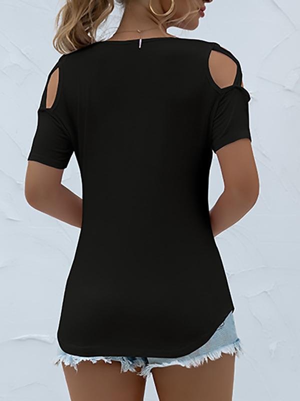 Solid Round Neck Short Sleeve Off-shoulder T-shirt - LuckyFash™