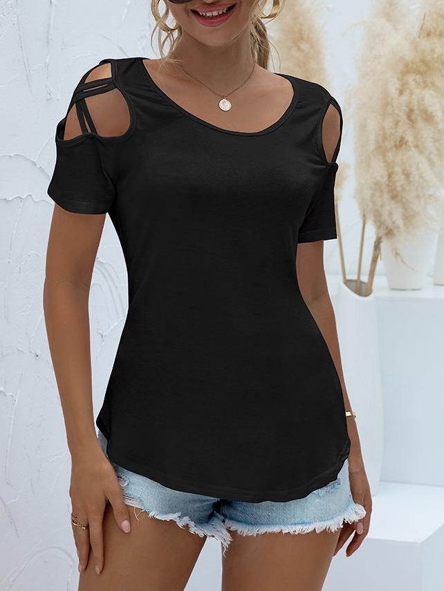 Solid Round Neck Short Sleeve Off-shoulder T-shirt - LuckyFash™