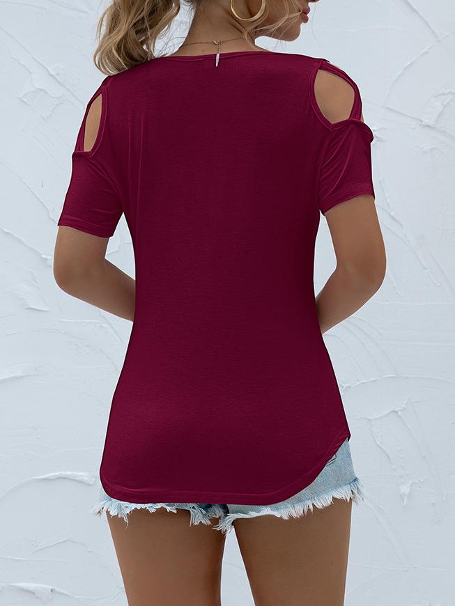 Solid Round Neck Short Sleeve Off-shoulder T-shirt - LuckyFash™