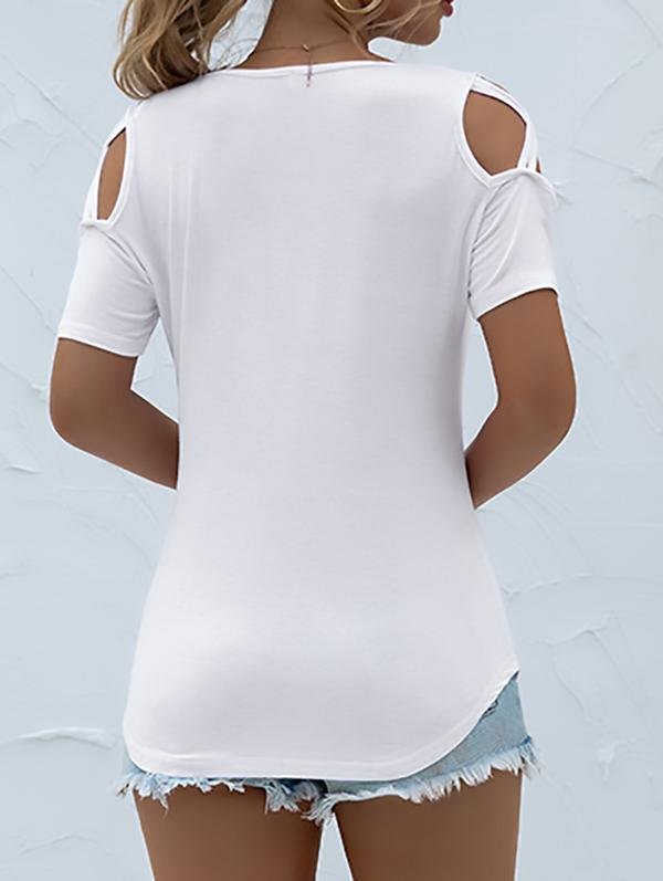 Solid Round Neck Short Sleeve Off-shoulder T-shirt - LuckyFash™