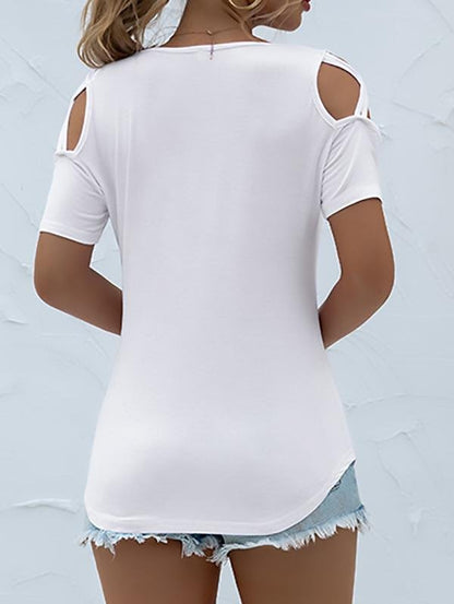 Solid Round Neck Short Sleeve Off-shoulder T-shirt - LuckyFash™