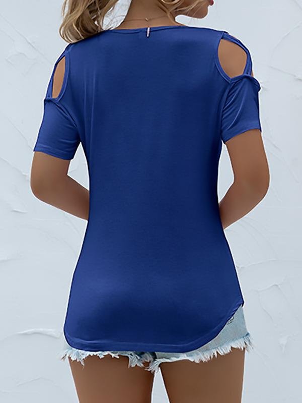 Solid Round Neck Short Sleeve Off-shoulder T-shirt - LuckyFash™