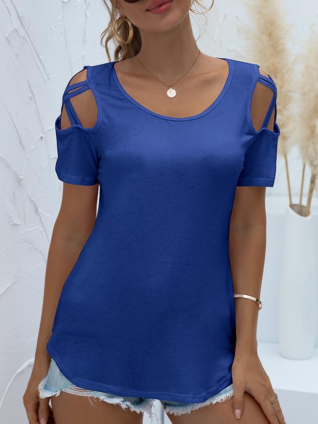 Solid Round Neck Short Sleeve Off-shoulder T-shirt - LuckyFash™
