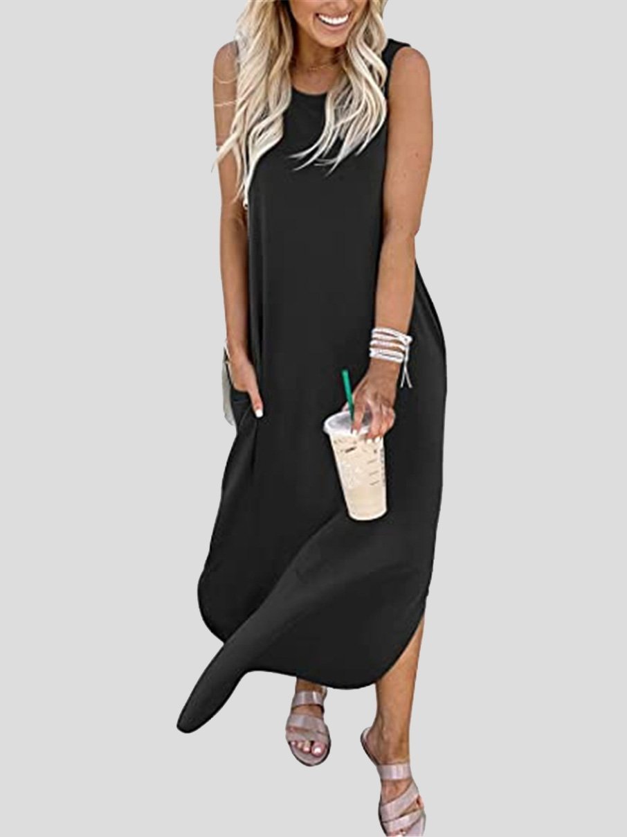 Solid Round Neck Sleeveless Casual Dress - LuckyFash™