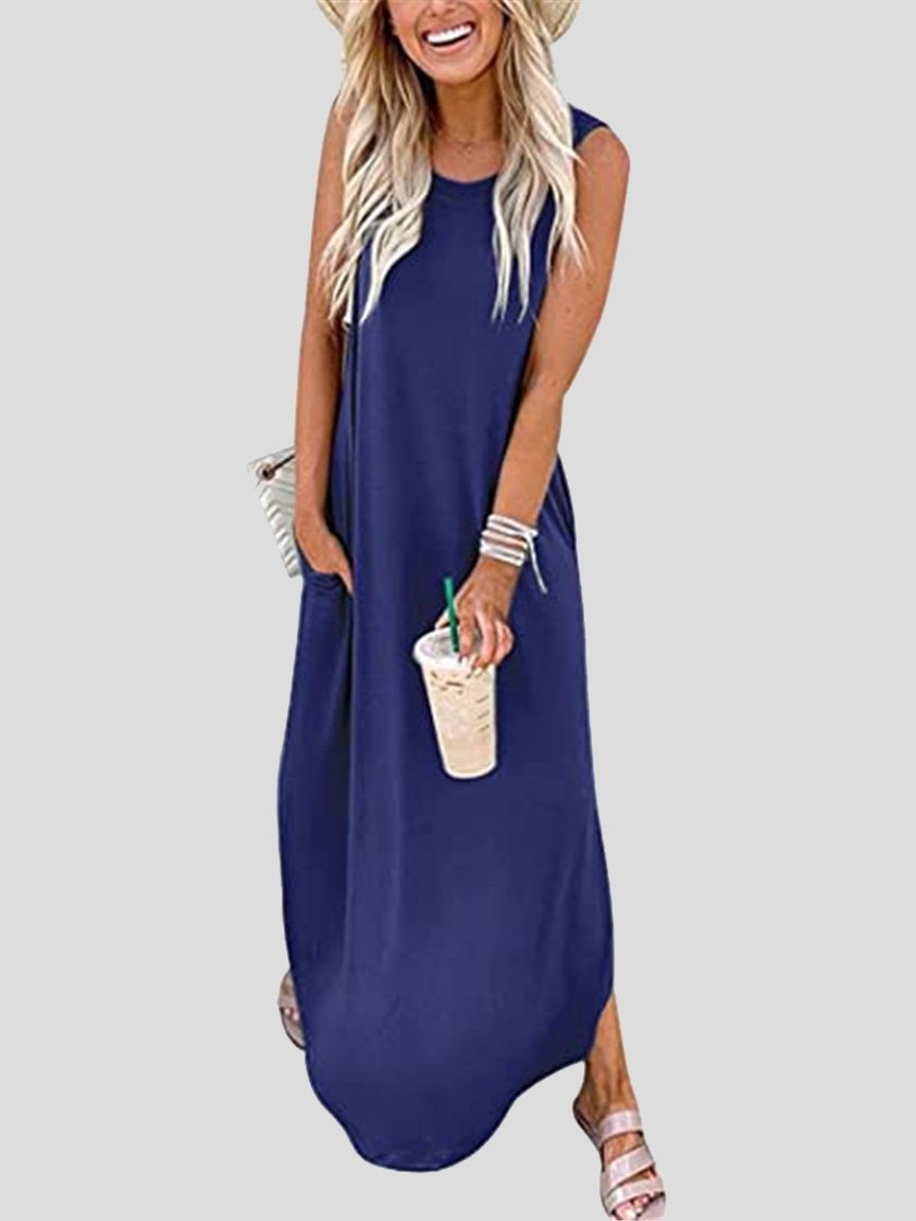 Solid Round Neck Sleeveless Casual Dress - LuckyFash™