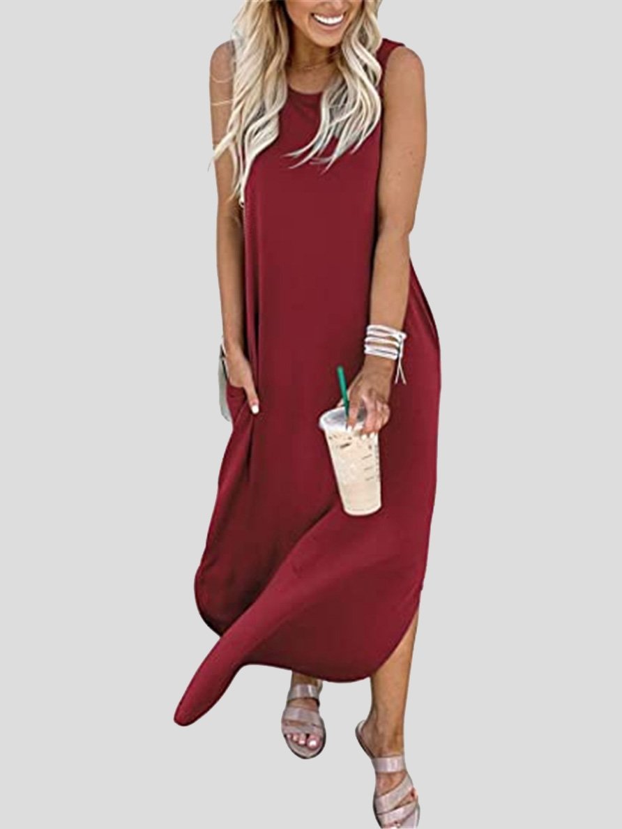 Solid Round Neck Sleeveless Casual Dress - LuckyFash™