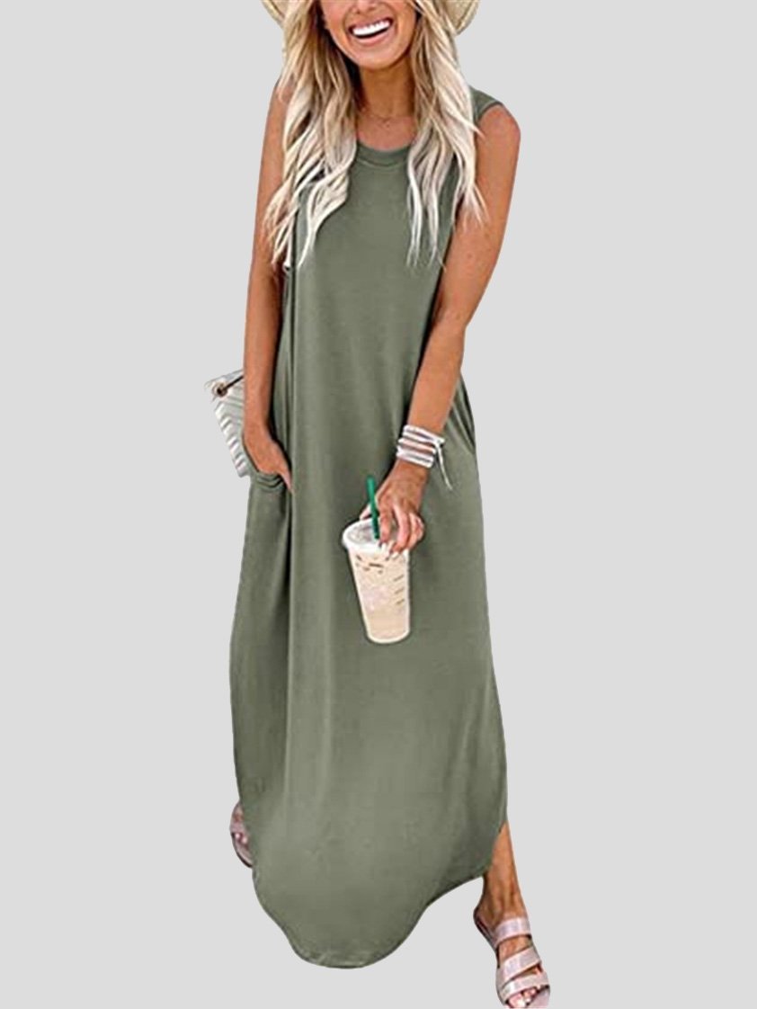 Solid Round Neck Sleeveless Casual Dress - LuckyFash™