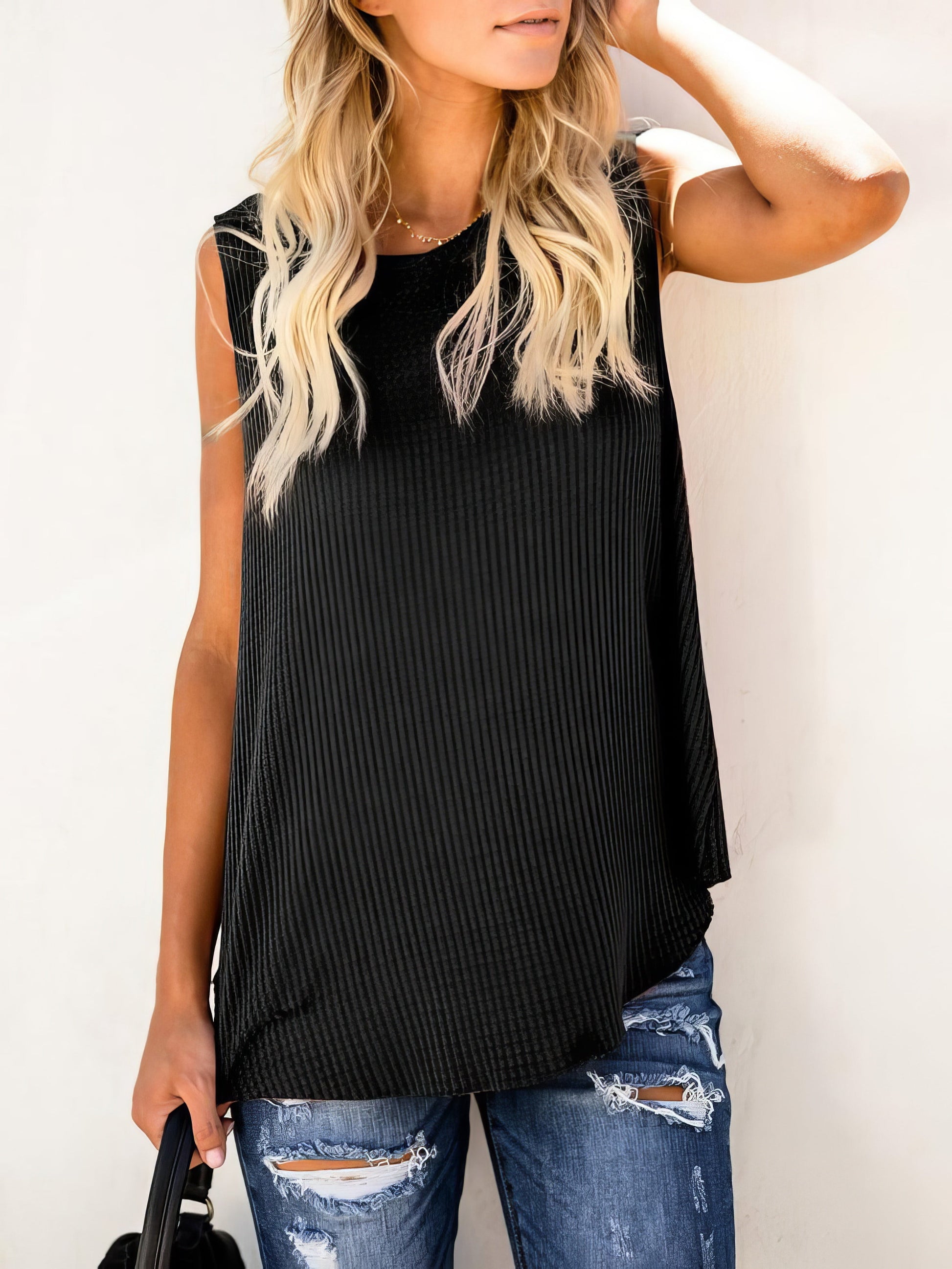 Solid Round Neck Sleeveless Top Vest - LuckyFash™