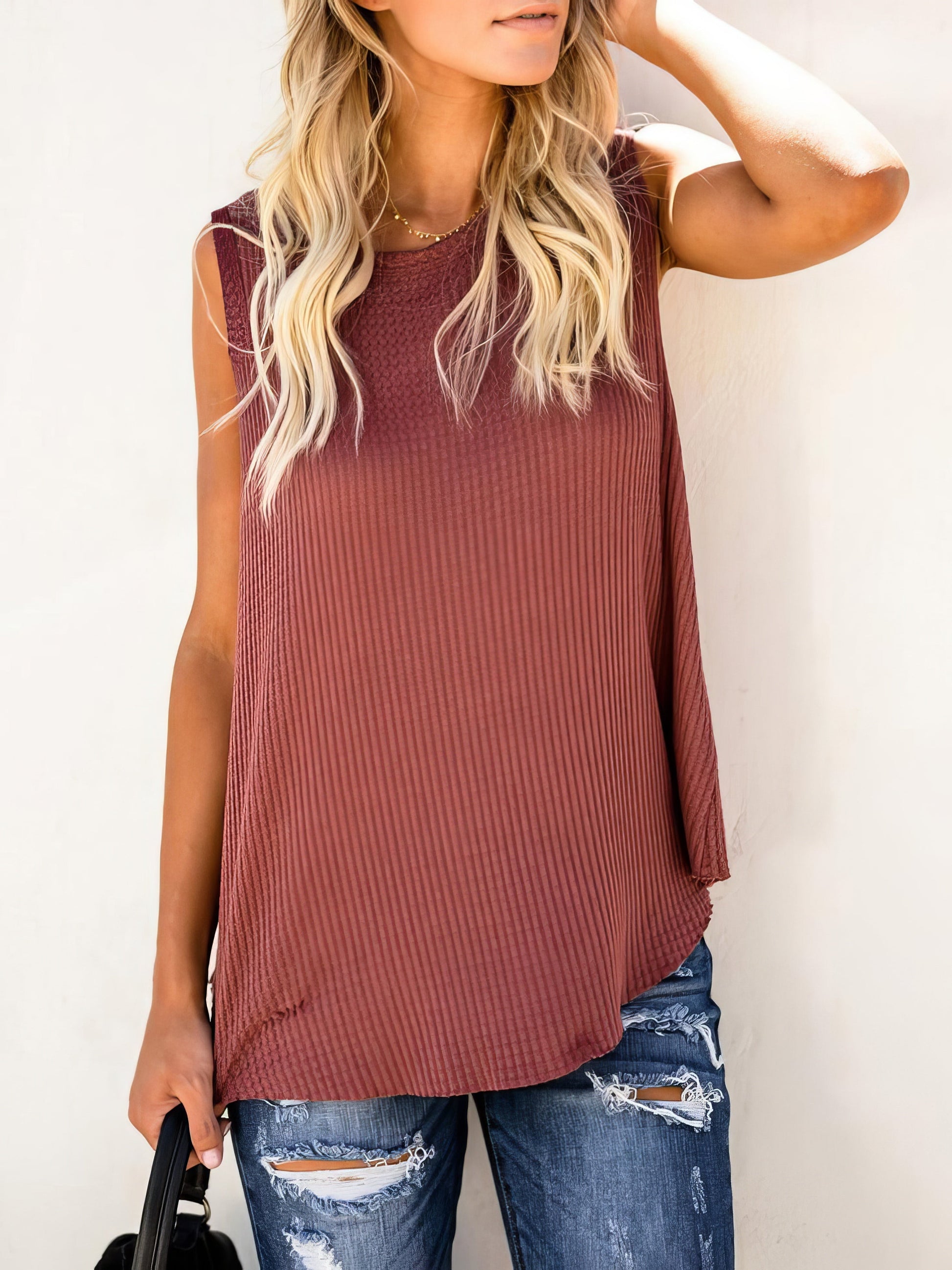 Solid Round Neck Sleeveless Top Vest - LuckyFash™