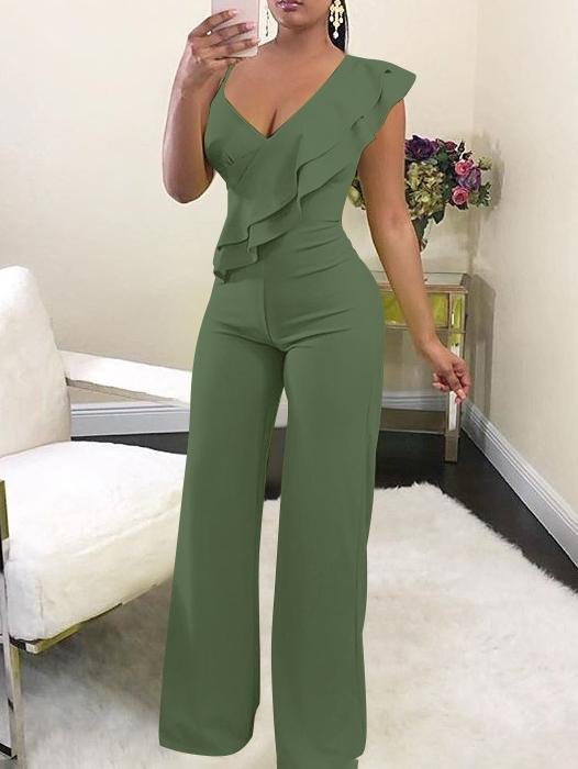 Solid Ruffle Trim Deep V Neck Jumpsuit - LuckyFash™