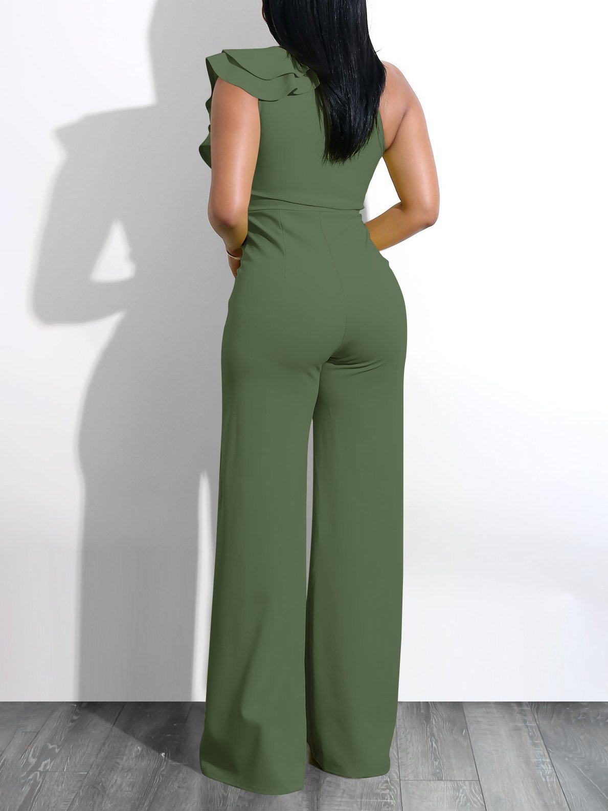 Solid Ruffle Trim Deep V Neck Jumpsuit - LuckyFash™