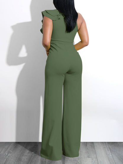 Solid Ruffle Trim Deep V Neck Jumpsuit - LuckyFash™