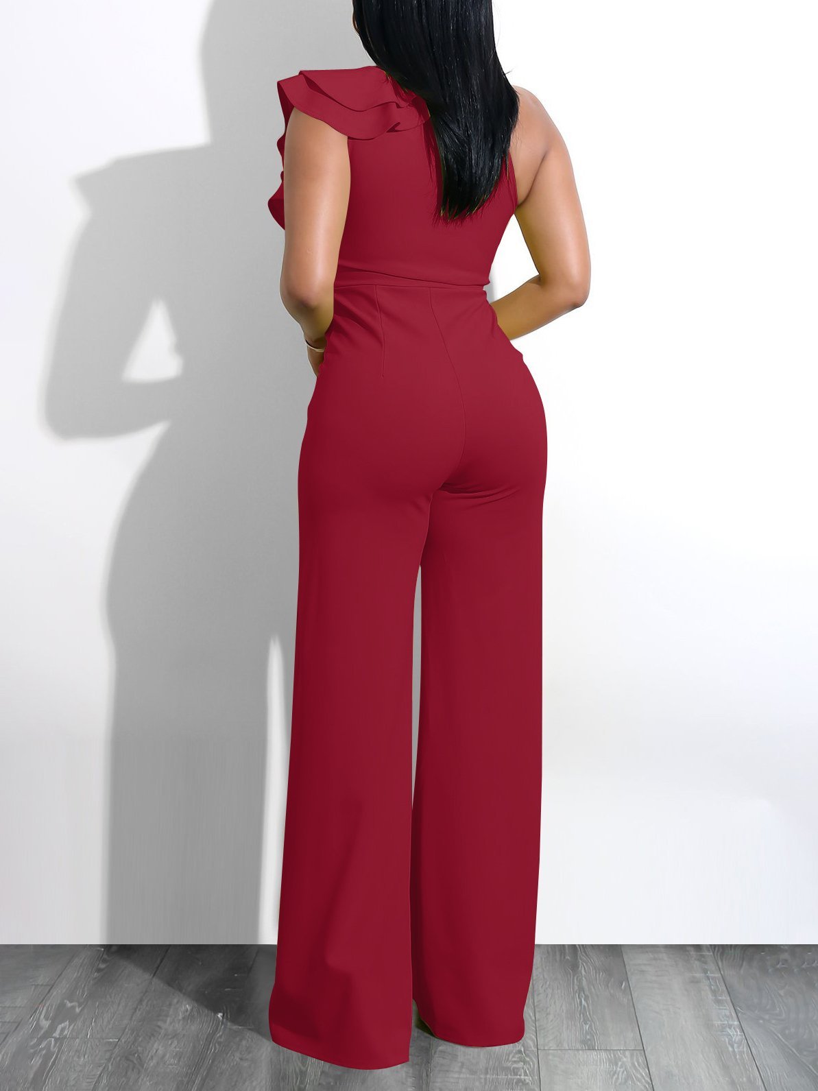 Solid Ruffle Trim Deep V Neck Jumpsuit - LuckyFash™