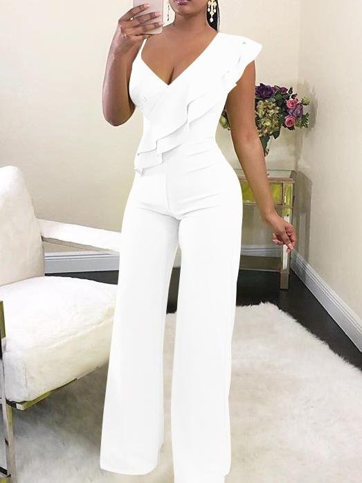 Solid Ruffle Trim Deep V Neck Jumpsuit - LuckyFash™
