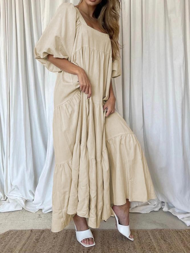 Solid Stitching Puff Sleeve Back Straps Dress - LuckyFash™