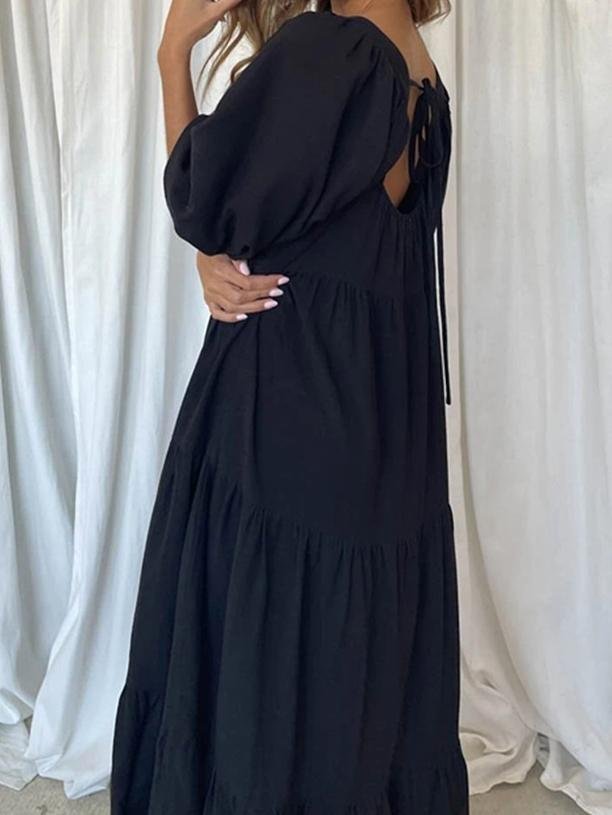 Solid Stitching Puff Sleeve Back Straps Dress - LuckyFash™