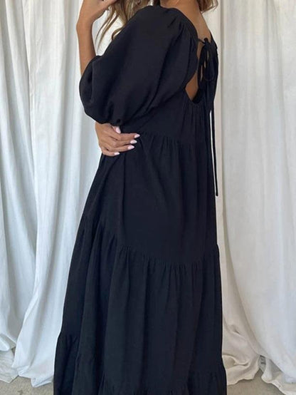 Solid Stitching Puff Sleeve Back Straps Dress - LuckyFash™