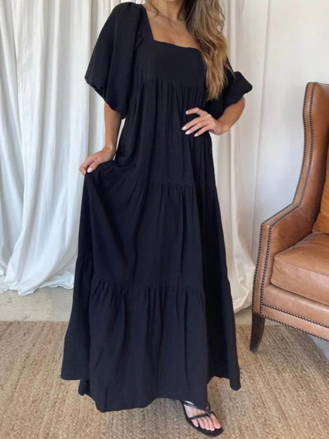 Solid Stitching Puff Sleeve Back Straps Dress - LuckyFash™