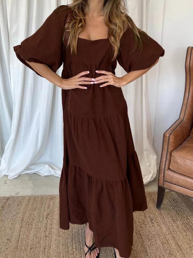 Solid Stitching Puff Sleeve Back Straps Dress - LuckyFash™