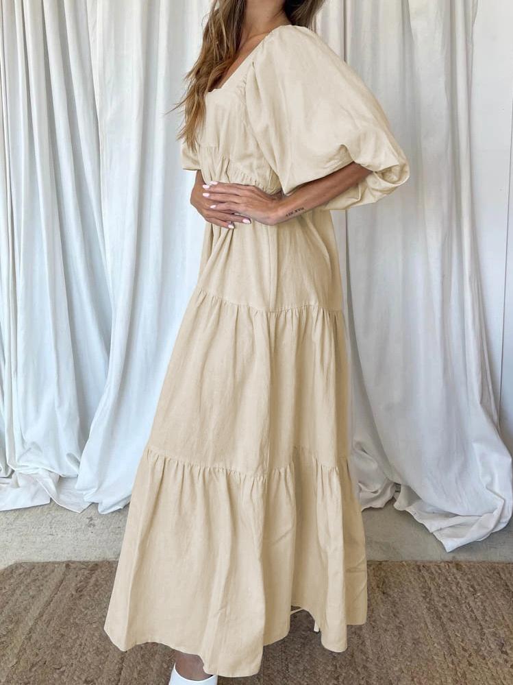 Solid Stitching Puff Sleeve Back Straps Dress - LuckyFash™