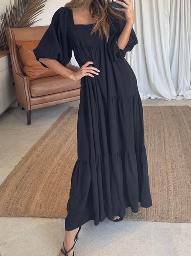 Solid Stitching Puff Sleeve Back Straps Dress - LuckyFash™