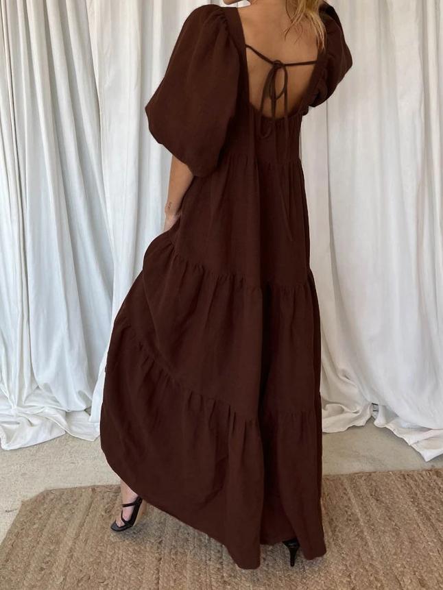 Solid Stitching Puff Sleeve Back Straps Dress - LuckyFash™