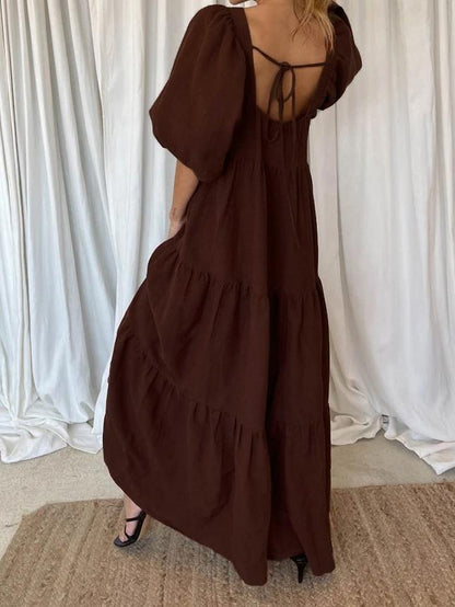 Solid Stitching Puff Sleeve Back Straps Dress - LuckyFash™