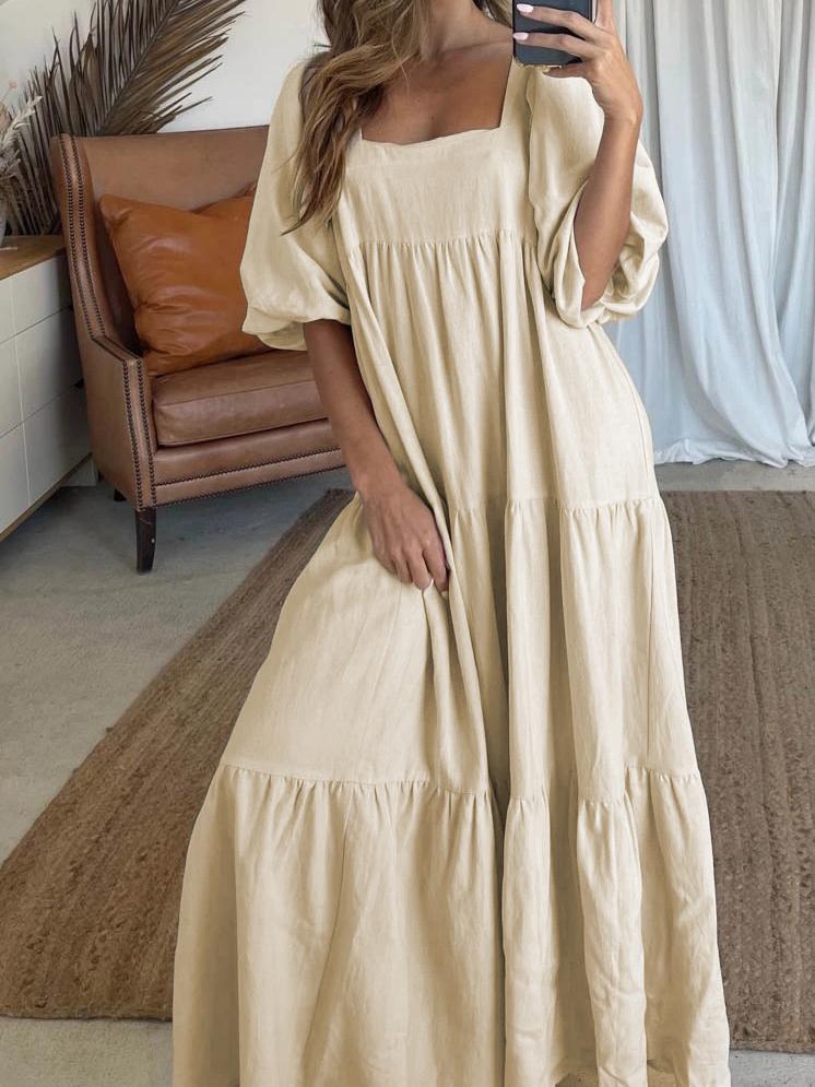Solid Stitching Puff Sleeve Back Straps Dress - LuckyFash™
