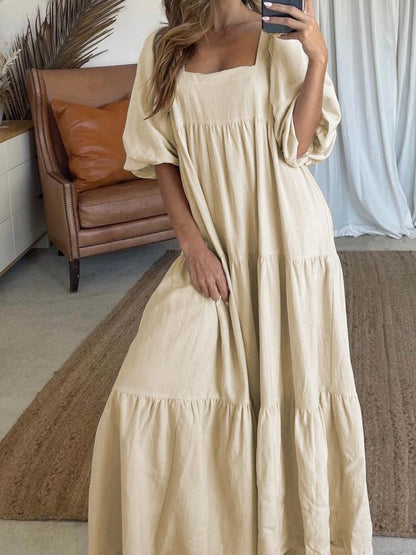 Solid Stitching Puff Sleeve Back Straps Dress - LuckyFash™