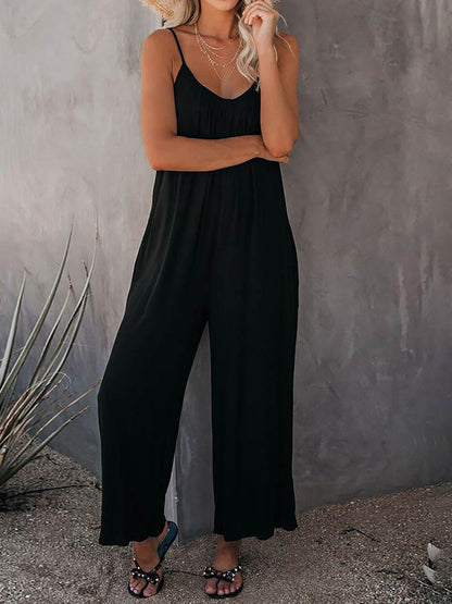 Solid Strap Loose Wide Leg Jumpsuit - LuckyFash™