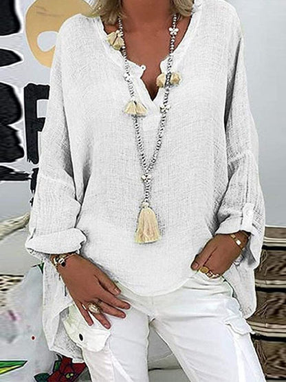 Solid V-neck Long Sleeve Loose Oversized T-shirts - LuckyFash™