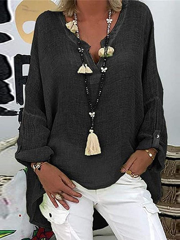 Solid V-neck Long Sleeve Loose Oversized T-shirts - LuckyFash™