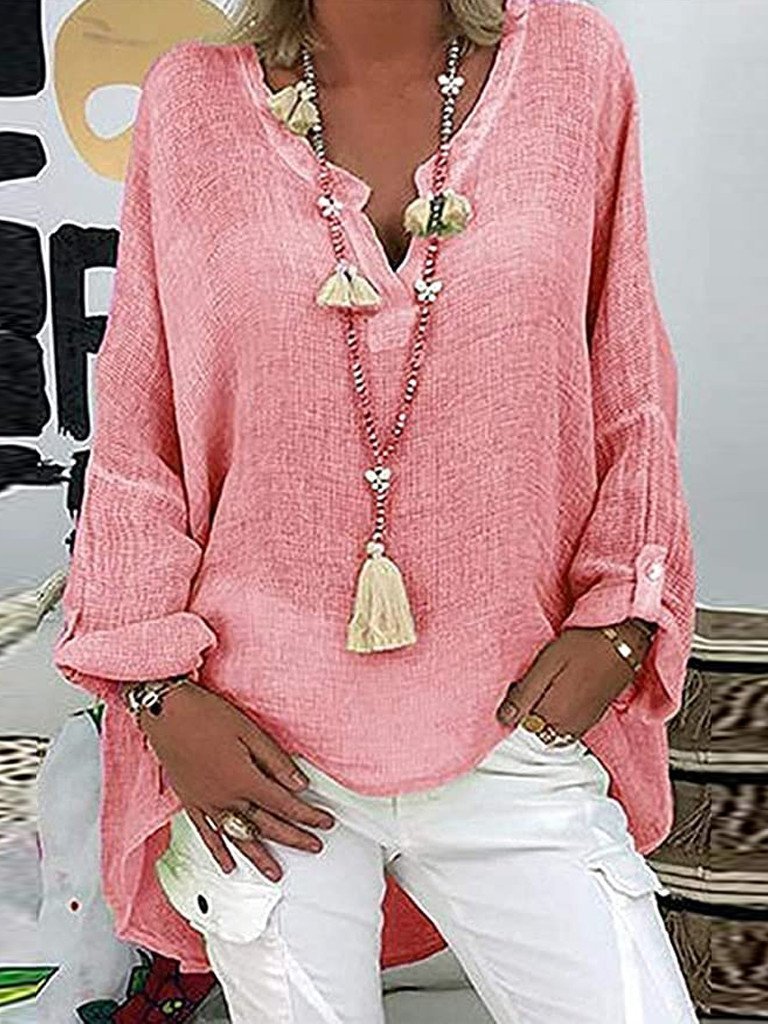 Solid V-neck Long Sleeve Loose Oversized T-shirts - LuckyFash™