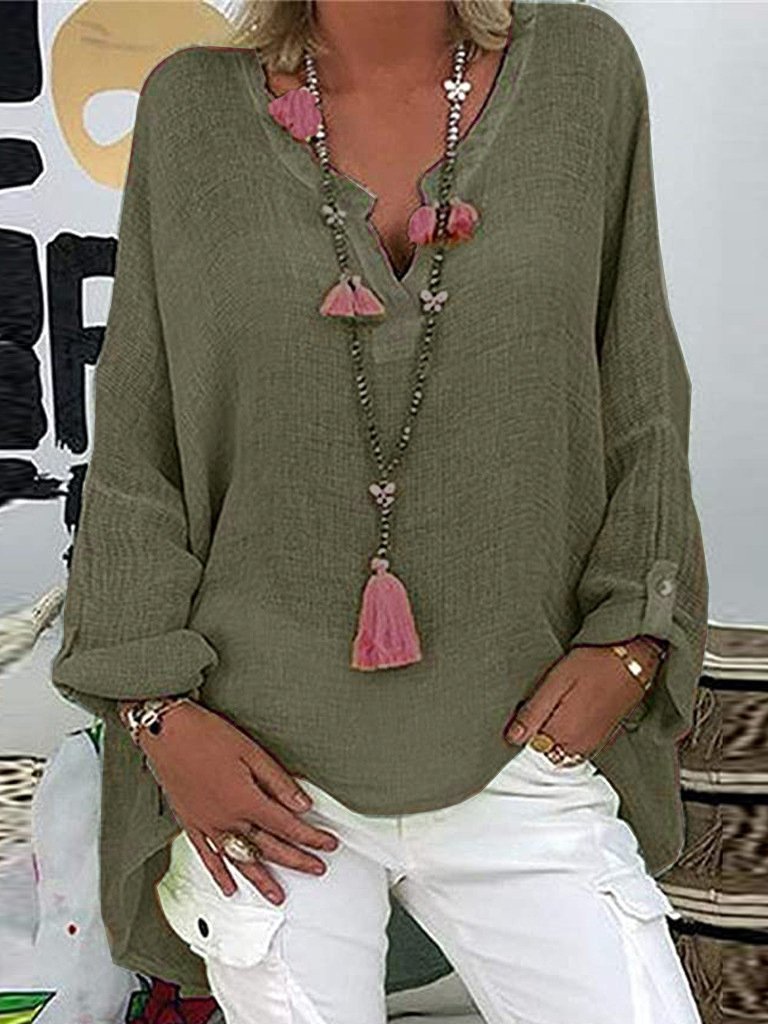 Solid V-neck Long Sleeve Loose Oversized T-shirts - LuckyFash™